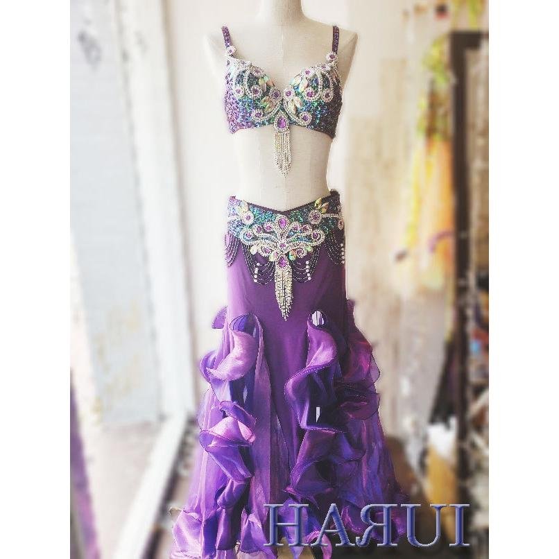 ベリーダンス 衣装 ブラ ベルト パール しずく 上下2点 セット 紫