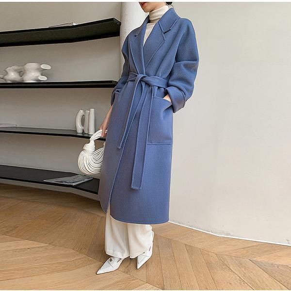 上品ロングコート ウール100% リバーコート スカイブルー ダブル